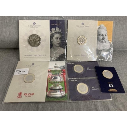 268 - Royal Mint HRH £5 BU coin, Alexander Graham Bell £2 BU coin, FA Cup £2 BU coin, Koin Club FA Cup £2 ... 