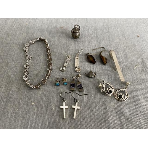 294 - Silver bracelet, silver tie clip, 5 pairs of silver earrings inc. Blue John etc.