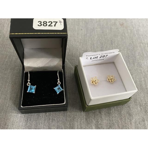 297 - Pair of 9ct gold flower petal design earrings & a pair of silver and blue stone earrings