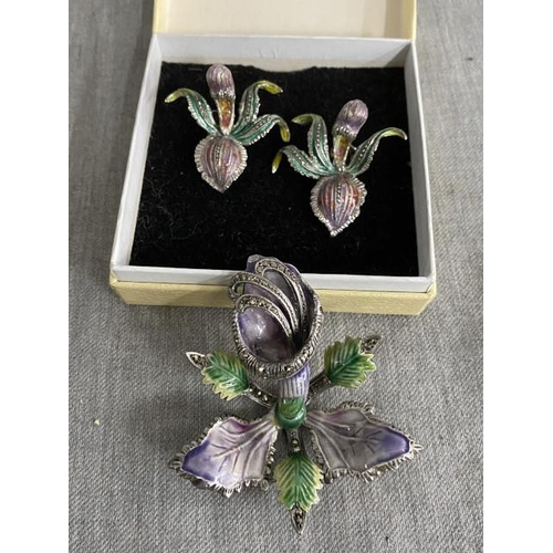 302 - Silver & enamel orchid brooch and earrings