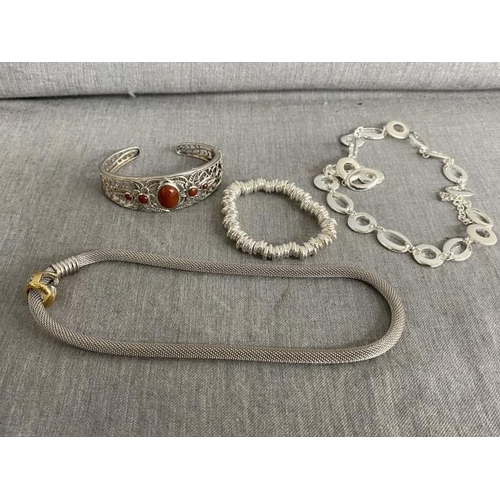 314 - Silver & coral cuff bangle, hoop style necklace, bracelet etc.