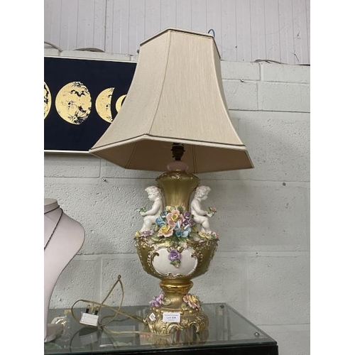 328 - Continental gilt cherub table lamp with shade 70H