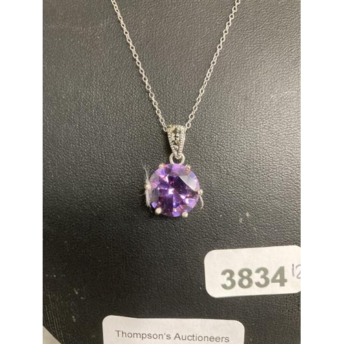 332 - Silver, amethyst & marcasite pendant on silver chain