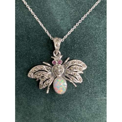 346 - Silver, opal & marcasite Bee pendant on silver chain