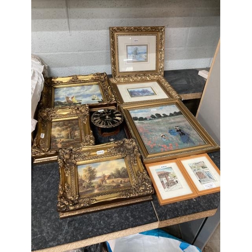 357 - 9 pictures & Newgate London clock, pictures inc. 2 gilt framed oleographs, gilt framed print of sail... 