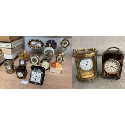 377 - 12 clocks inc. Elliot & Son, London enamel faced brass carriage clock, Carr's Of Sheffield silver cl... 