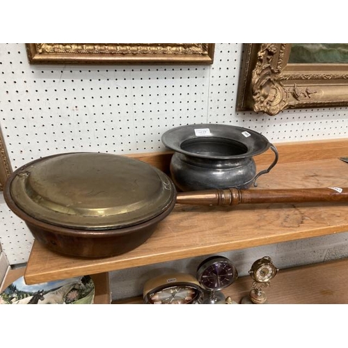 378 - Pewter chamber pot & 19th century copper & brass bed warming pan