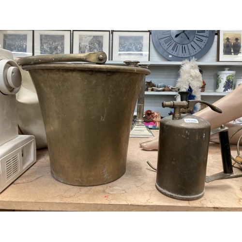 436 - Brass fire bucket & brass blow torch