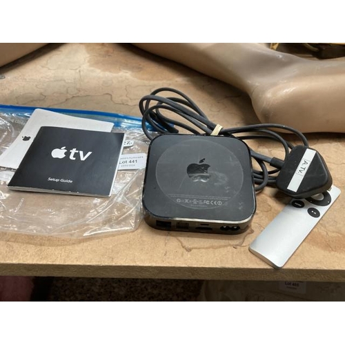 441 - Apple TV box, remote, power pack & instructions