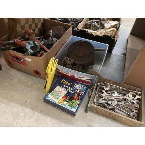 447 - Box of spanners, blow torch, hand saw, Felco SWL20CWT winch etc.