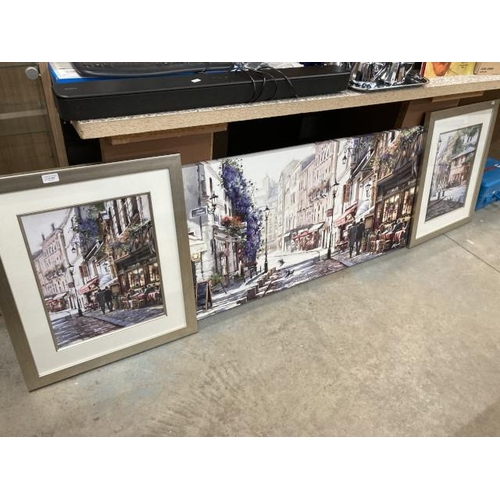 452 - 2 silver gilt framed prints 'Afternoon Cafe' & 'Evening Cafe' 57x68cm & 'Sunlit Cafes' canvas print ... 