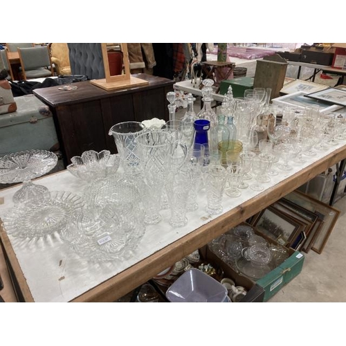 466 - Table top of assorted glass wares including cut glass cake plates, fruit bowls, cordial jugs and gla... 