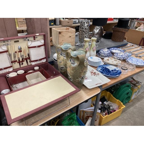 475 - Assorted blue and white dinner wares, Wedgwood jasper ware, cut glass ashtray and vases, pink glass ... 