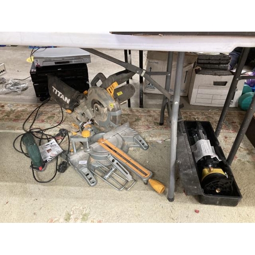 484 - Titan sliding mitre saw TTB598MSW, Bosch PDA120E sander & Screwfix rotary laser level EPT-RL-3