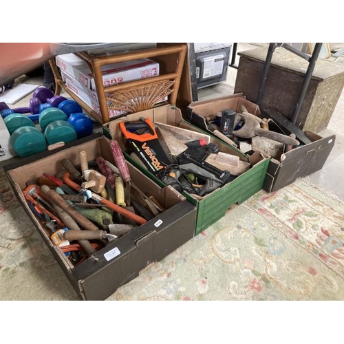 485 - 3 boxes of workshop and gardening tools including Draper Venom VST500 handsaw, Titan TTB51GNAL 25mm ... 