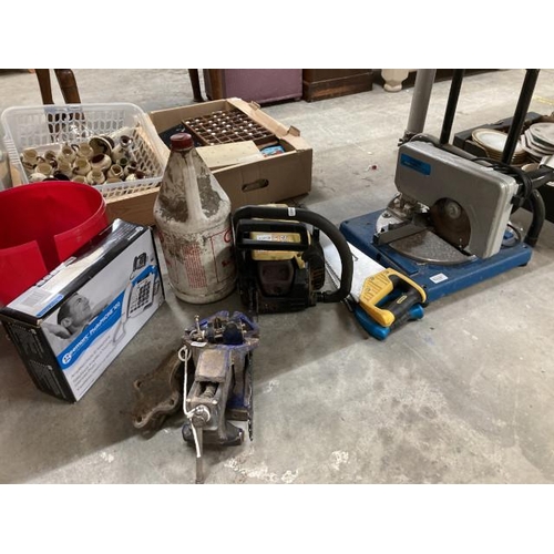 492 - Nutool MS200 205mm compound mitre saw, Maclintoch MAC 335 vortex air chain saw, handsaws, vice etc