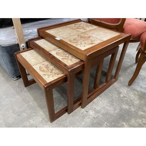 493 - Mid century teak tiled top nest of 3 tables 43H 56W 47D