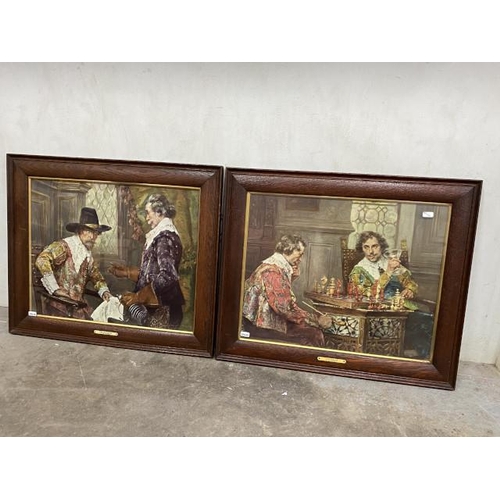 61 - Oak framed coloured prints ‘The Challenge’ & ‘Checkmate’ by Alex de Andreis (French 1871-1939) 54 x ... 