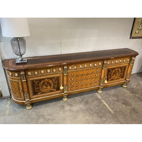 63 - French Louis XVI style 4 door/7 drawer sideboard with porcelain mounts, brass paw feet and 4 keys 89... 