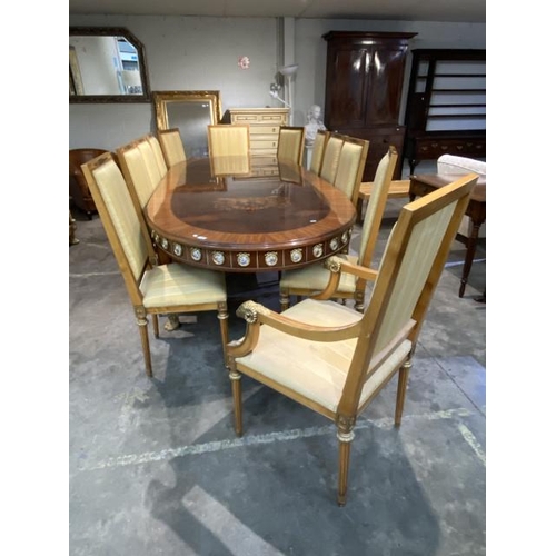 64 - French Louis XVI style dining table with porcelain mounts and brass paw feet 79H 300W 120D and 12 ch... 