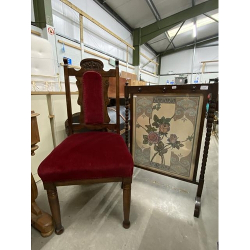 69 - Mahogany framed side chair 47W and an oak framed fire screen 89H 60W