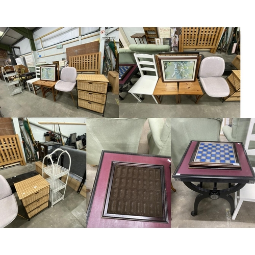 73 - 2 pine and 1 painted pine chairs 41W, contemporary side chair 47W, wicker 3 drawer chest etc