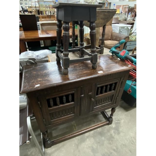 83 - 17th century style oak cabinet 87H 91W 38D and an early oak stool 44H 26W 26D