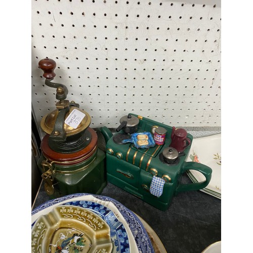 370 - Coffee grinder, Royal Doulton 'Desperate Dan' D7034 jug, music box, Tullamore Dew water jug & 2 whis... 