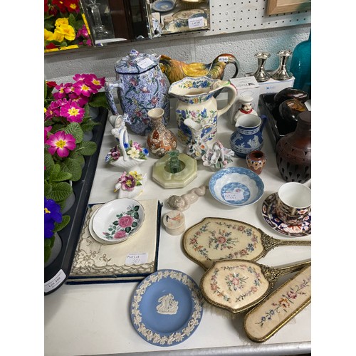 381 - Collection of ceramics, dressing table set, satsuma vase, rooster teapot, Lladro angle, Royal Crown ... 