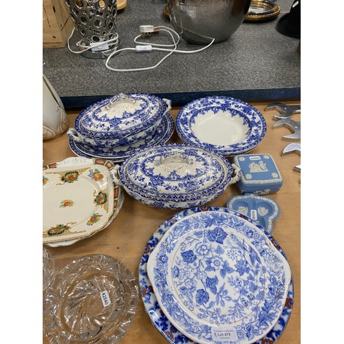 475 - Assorted blue and white dinner wares, Wedgwood jasper ware, cut glass ashtray and vases, pink glass ... 