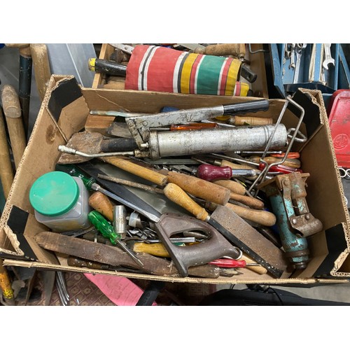 478 - Boxes of good workshop tools including axe, hammers, rasps, saws, screwdrivers & 2 socket wrench set... 