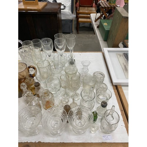 466 - Table top of assorted glass wares including cut glass cake plates, fruit bowls, cordial jugs and gla... 