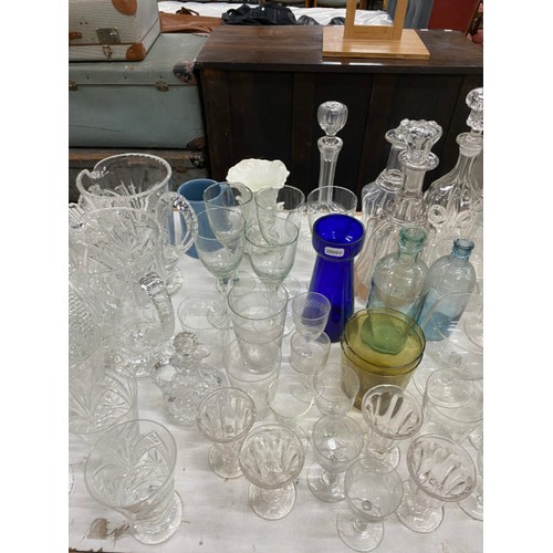 466 - Table top of assorted glass wares including cut glass cake plates, fruit bowls, cordial jugs and gla... 