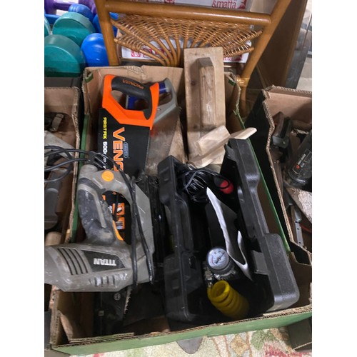 485 - 3 boxes of workshop and gardening tools including Draper Venom VST500 handsaw, Titan TTB51GNAL 25mm ... 