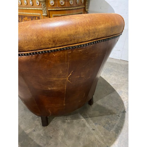 58 - 'Chester's' tan distressed leather tub chair (as found) 77W