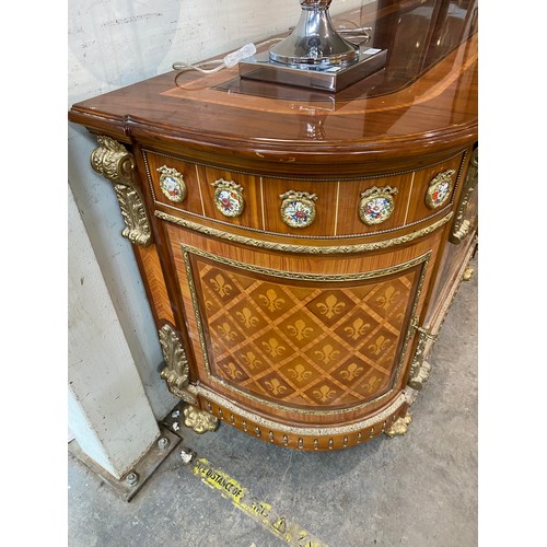 63 - French Louis XVI style 4 door/7 drawer sideboard with porcelain mounts, brass paw feet and 4 keys 89... 