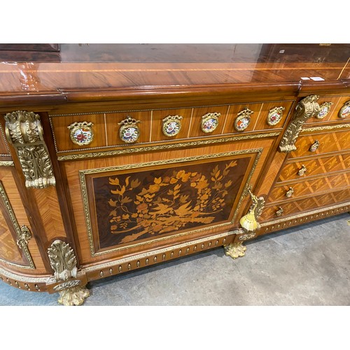 63 - French Louis XVI style 4 door/7 drawer sideboard with porcelain mounts, brass paw feet and 4 keys 89... 