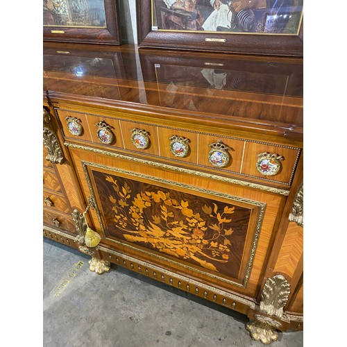 63 - French Louis XVI style 4 door/7 drawer sideboard with porcelain mounts, brass paw feet and 4 keys 89... 