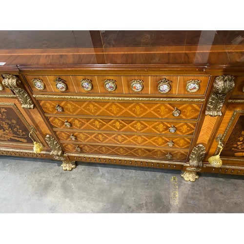 63 - French Louis XVI style 4 door/7 drawer sideboard with porcelain mounts, brass paw feet and 4 keys 89... 