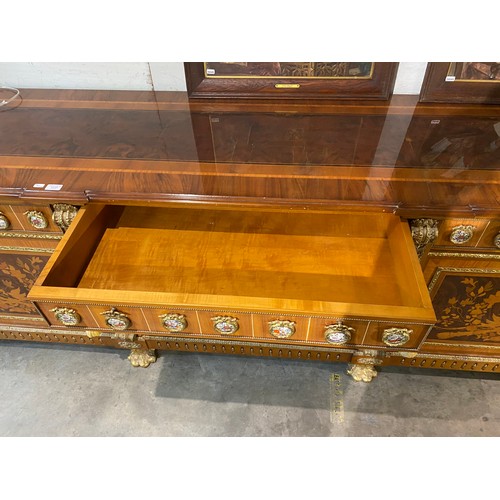 63 - French Louis XVI style 4 door/7 drawer sideboard with porcelain mounts, brass paw feet and 4 keys 89... 