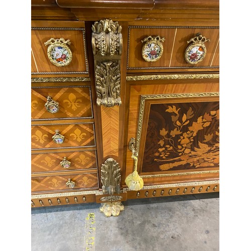 63 - French Louis XVI style 4 door/7 drawer sideboard with porcelain mounts, brass paw feet and 4 keys 89... 