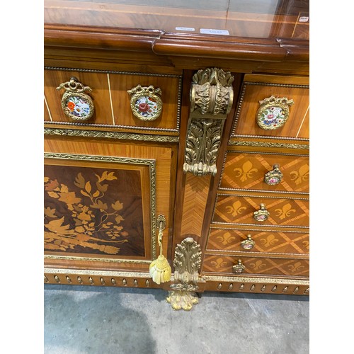 63 - French Louis XVI style 4 door/7 drawer sideboard with porcelain mounts, brass paw feet and 4 keys 89... 