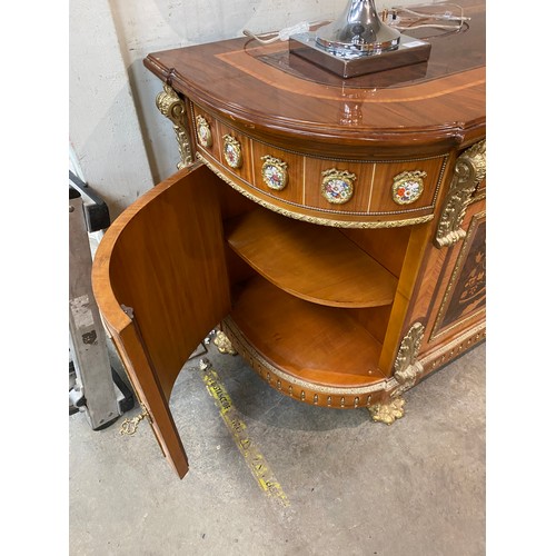 63 - French Louis XVI style 4 door/7 drawer sideboard with porcelain mounts, brass paw feet and 4 keys 89... 