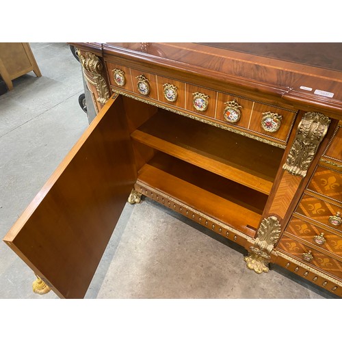 63 - French Louis XVI style 4 door/7 drawer sideboard with porcelain mounts, brass paw feet and 4 keys 89... 