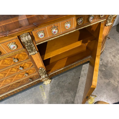 63 - French Louis XVI style 4 door/7 drawer sideboard with porcelain mounts, brass paw feet and 4 keys 89... 