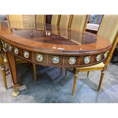 64 - French Louis XVI style dining table with porcelain mounts and brass paw feet 79H 300W 120D and 12 ch... 