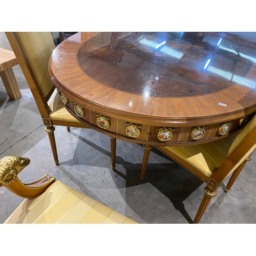 64 - French Louis XVI style dining table with porcelain mounts and brass paw feet 79H 300W 120D and 12 ch... 