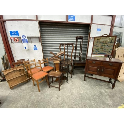 135 - Assorted furniture including Mahogany occasional table 70H 75W 55D, pine wall shelf 69H 55W 18D, mah... 