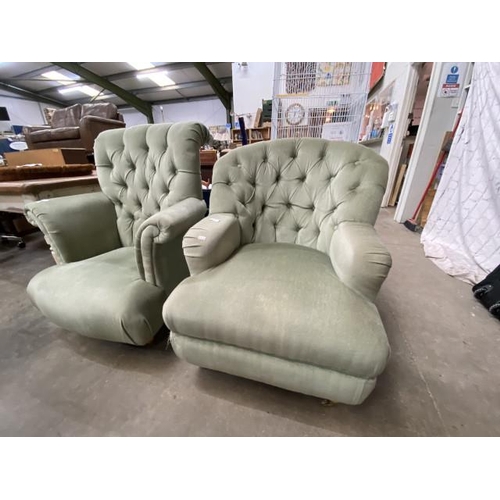 143 - 2 green velour button back fireside chairs 85W