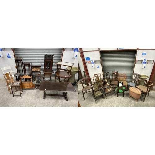 152 - Assorted furniture including pine kitchen chairs, teak side chairs, mahogany torchere 98H 30cm diame... 